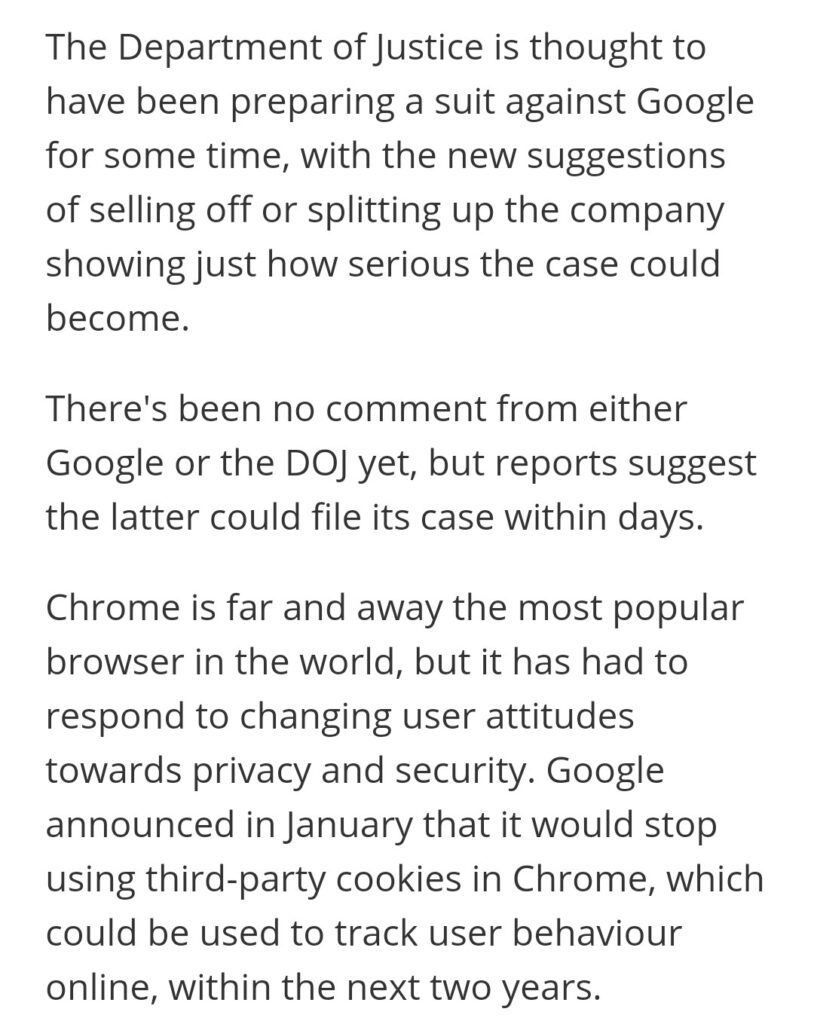 Screenshot 20201012 222309 Google Chrome could Split and be sold off in US government break-up plans