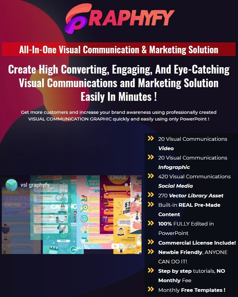 GRAPHYFY: All-In-One Visual Communication & Marketing Solution Create High Converting, Engaging, And Eye-Catching Visual Communications and Marketing Solution Easily In Minutes !