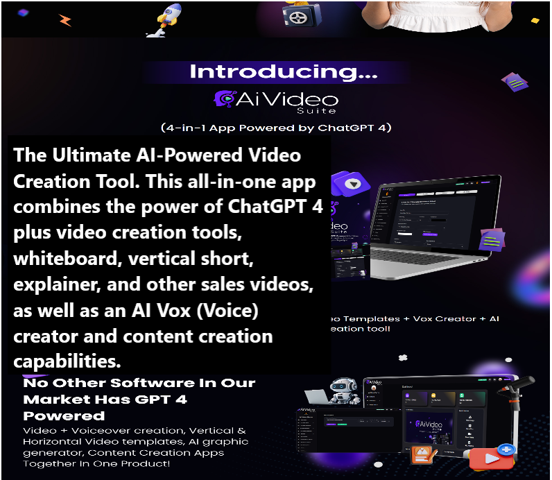 aivideosuite otot AiVideoSuite Review: The Ultimate AI-Powered Video Creation Tool. This all-in-one app combines the power of ChatGPT 4 plus video creation tools, whiteboard, vertical short, explainer, and other sales videos, as well as an AI Vox (Voice) creator and content creation capabilities.