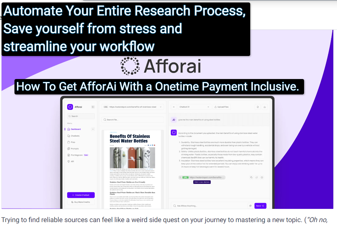 Afforai Research anything with an AI assistant AppSumo Afforai Review: Automate Your Entire Research Process, Save yourself from stress and streamline your workflow. How To Get AfforAi With a Onetime Payment For Lifetime Use Inclusive.