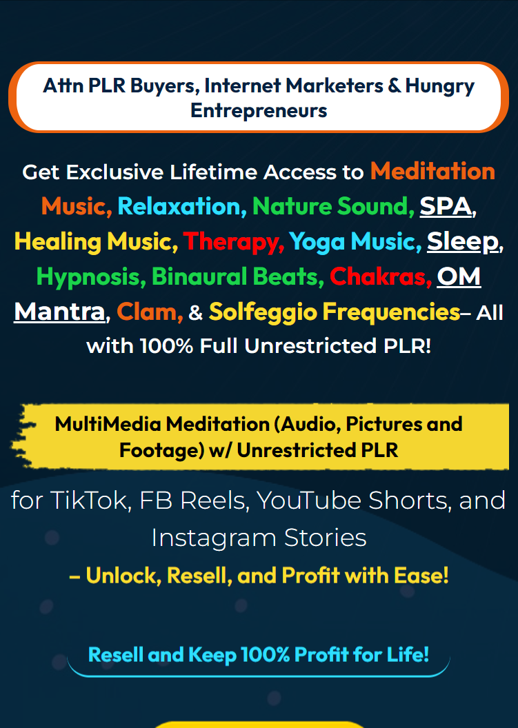 1000 Meditation MultiMedia Meditation Review [Unrestricted PLR]: Collection of 1000 stress-relieving tracks with yoga, Binaural Beats, Chakras, meditation, nature and healing themes for personal or commercial use.