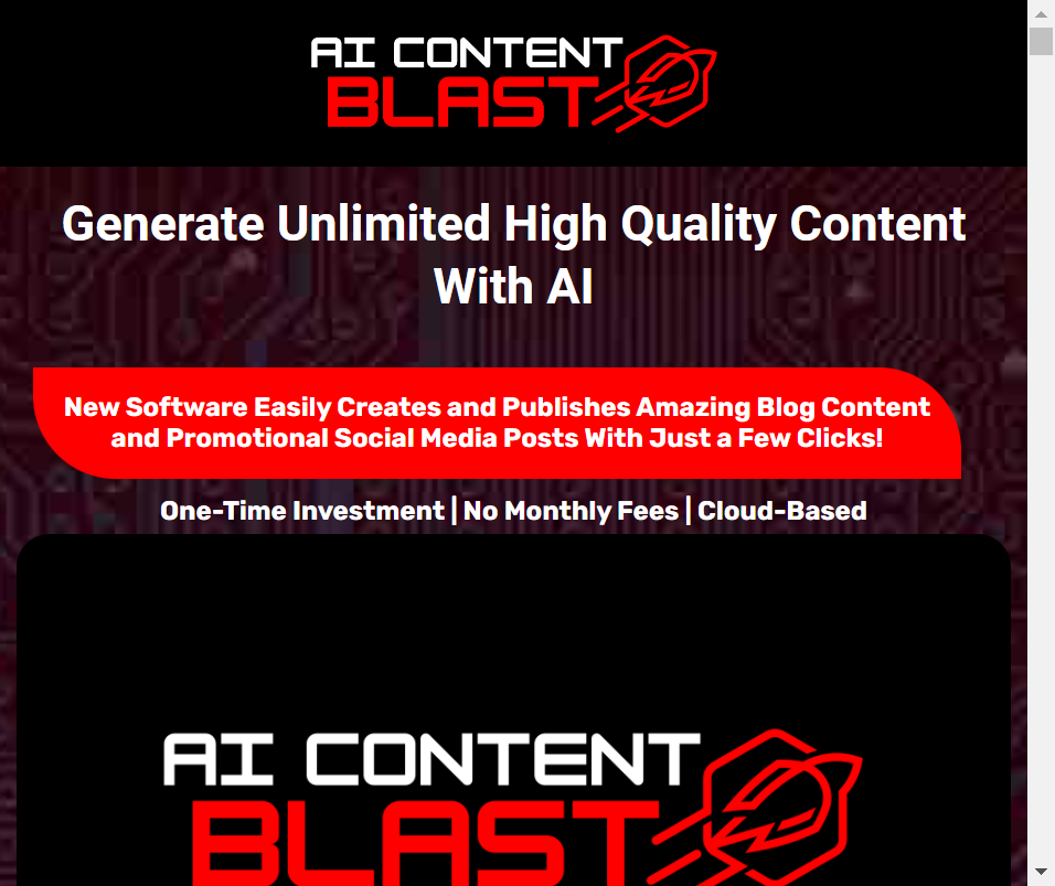 Sales page AI Content Blast Review - Generating Content with Artificial Intelligence Made Easy