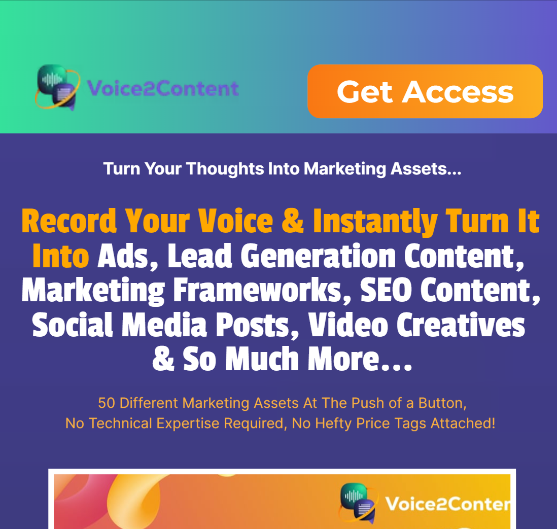 Voice2Content Commercial Voice2Content Review - Record Your Voice and Instantly Turn It Into Ads, Lead Generation Content, Marketing Frameworks, SEO Content, Social Media Posts, Video Creatives and So Much More…