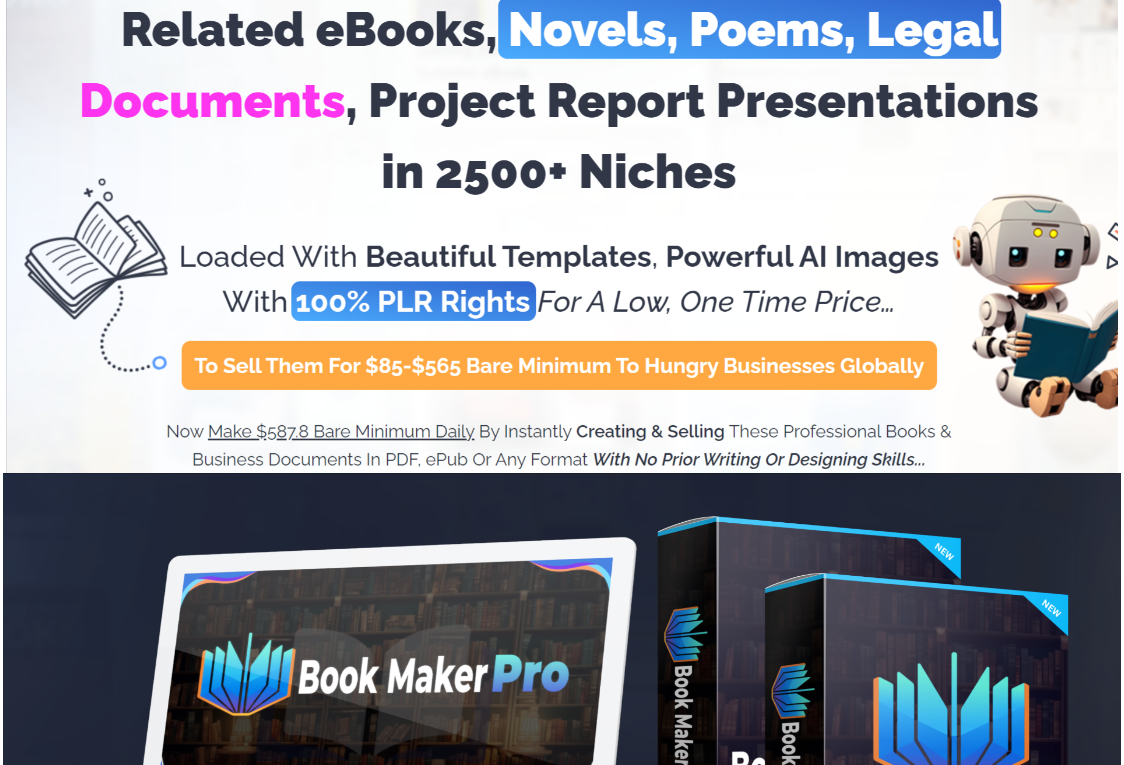 Key BookMaker Pro Features BookMaker Pro review: Brand New 100% Innovative Microsoft Copilot AI-Powered App That Generates 50,000+ Professionally Designed eBooks in Various Niches, Including Children's Stories, Subjective eBooks, Fiction, Mystery, Business, Novels, Poems, Legal Documents, and Project Report Presentations.