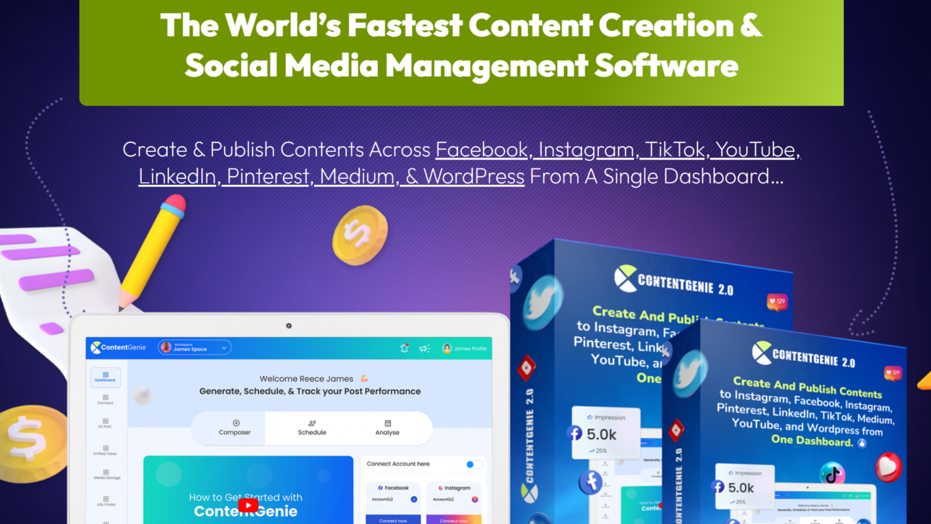 ContentGenie Version 2 ContentGenie 1 ContentGenie 2.0: Artificial Intelligence to Create, Publish to, Schedule and Analyze your content for Facebook, Instagram, Pinterest, LinkedIn, TikTok, Medium, YouTube, and WordPress all from one simple dashboard.