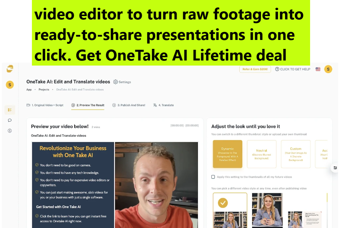 OneTake AI Review Use this AI video editor to turn raw footage into ready to share presentations in one click. Get OneTake AI Lifetime deal OneTake AI Review - Use this AI video editor to turn raw footage into ready-to-share presentations in one click. Get OneTake AI Lifetime deal