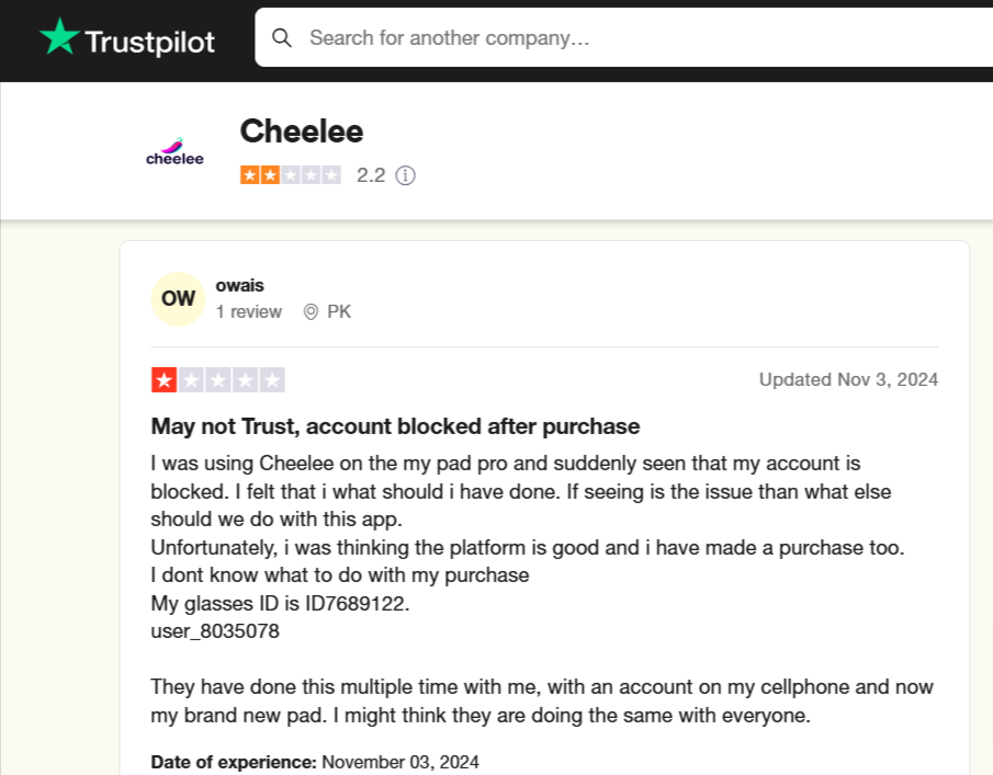 A Screenshot from Trustpilot for Cheelee. the 1 star reviews are more