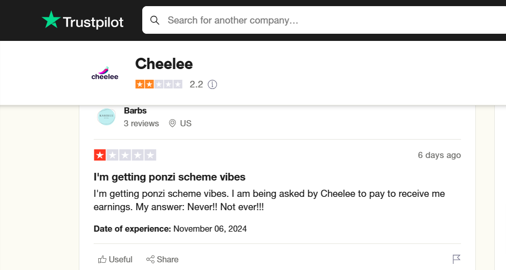 A Screenshot from Trustpilot for Cheelee. the 1 star reviews are more