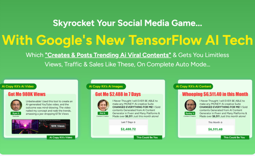 AI Copy Kit Review: Google’s Latest AI Tech Tensorflow (Tf) Create Jaw-Dropping And Advanced Ultra HD Videos, Ultra Shorts, 4K Images, Voiceovers, and Any Other GPT 4-Powered Amazing Content In Minutes Without Any Complicated Tools!