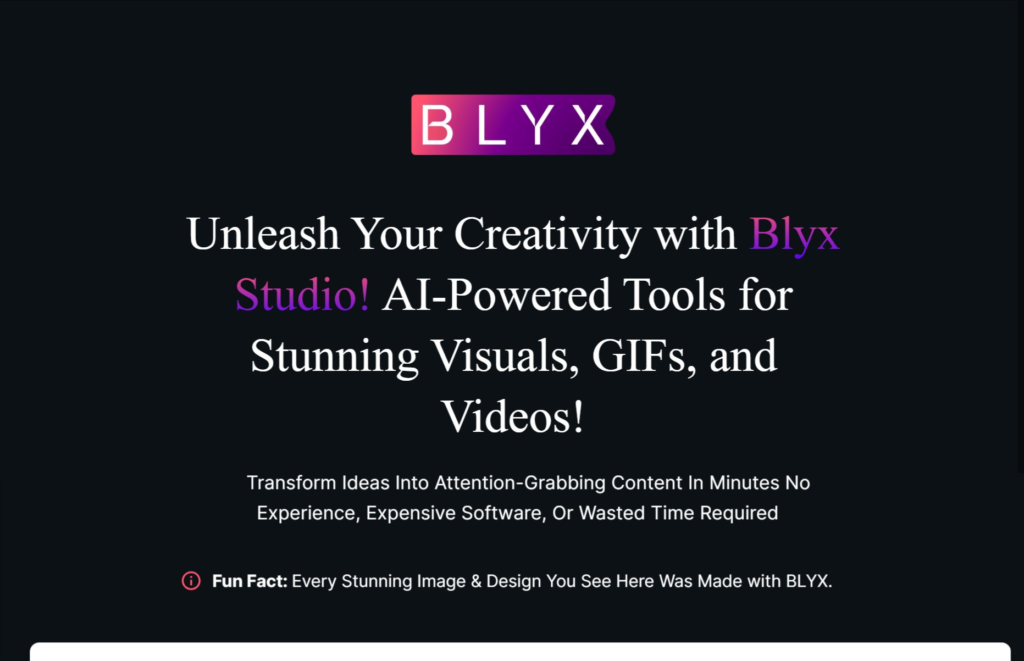 BLYX Studio Review: A comprehensive visual content creation platform that enables users to effortlessly Create stunning images, GIFs, and videos with AI tools