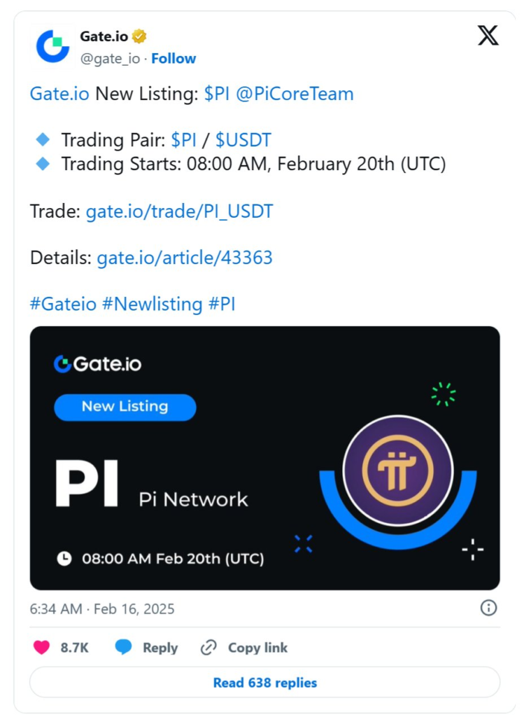 Pi Network Token Now Listed on Gate.io; Trading Begins February 20