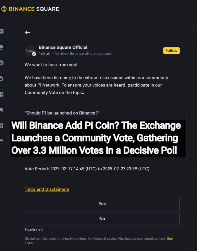 Will Binance Add Pi Coin? The Exchange Launches a Community Vote, Gathering Over 3.3 Million Votes in a Decisive Poll