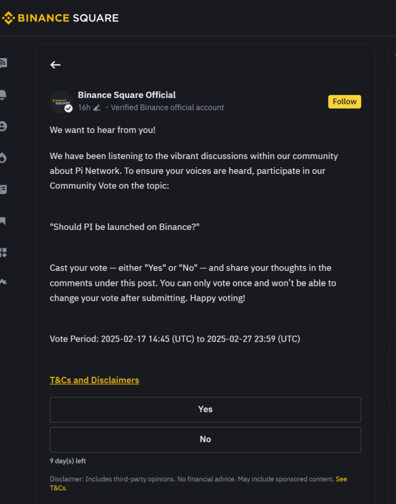 Will Binance Add Pi Coin? The Exchange Launches a Community Vote, Gathering Over 3.3 Million Votes in a Decisive Poll