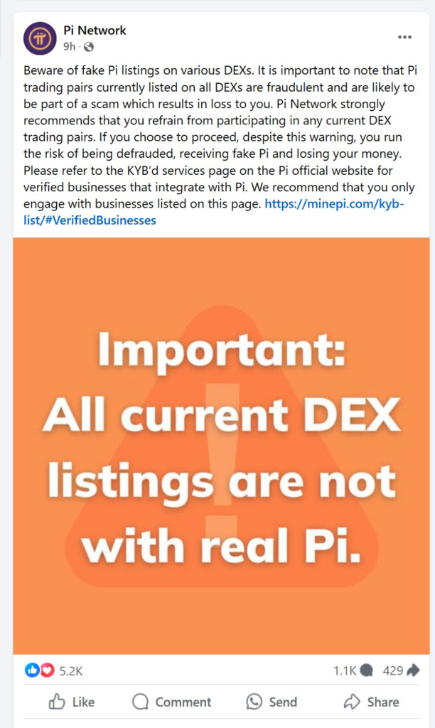 Pi Network Warns: Beware of fake Pi listings on various DEXs - Not All current DEX listings are Genuinely Working With Pi Network