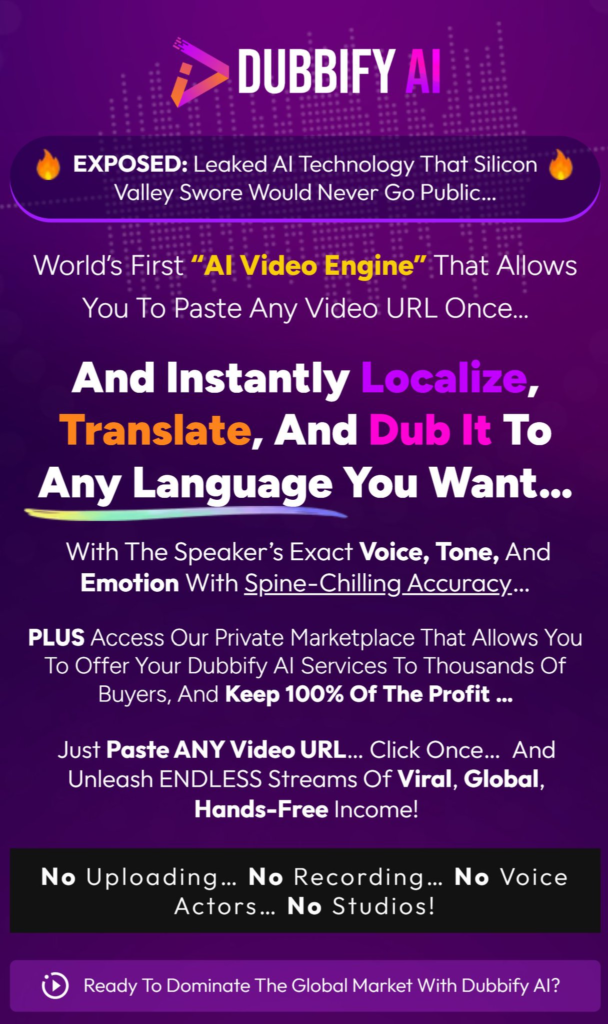 Dubbify AI Review: An AI video platform that lets you paste any video URL to quickly localize, translate, and dub it into any desired language.