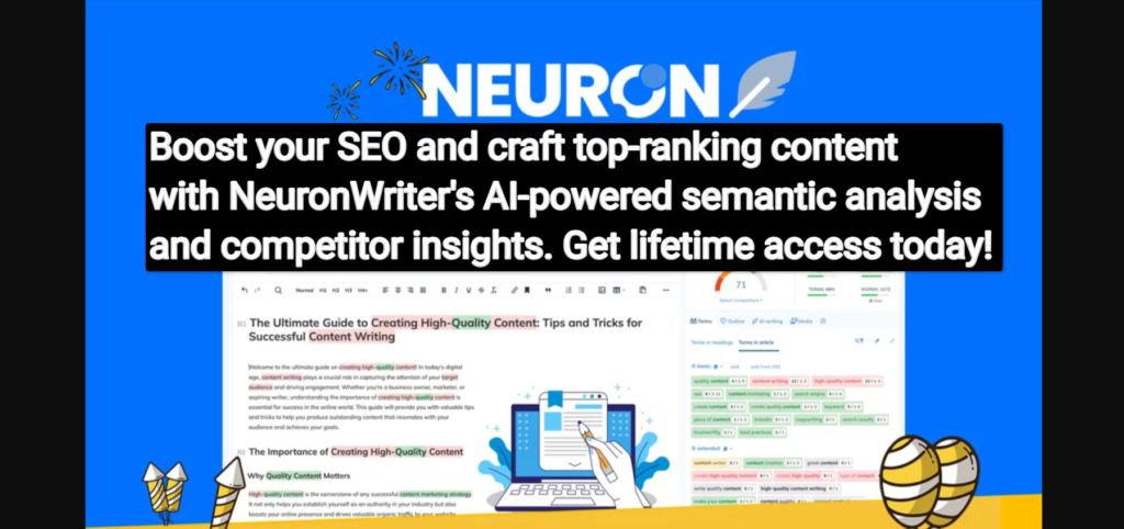 Boost your SEO and craft top-ranking content with NeuronWriter's AI-powered semantic analysis and competitor insights. Get lifetime access today!