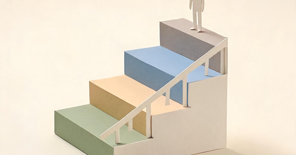 A cut paper diorama of four rising platforms with a small figure at the top and a guardrail beside it, showing the four levels of AI agent autonomy that agentic AI governance has to cover