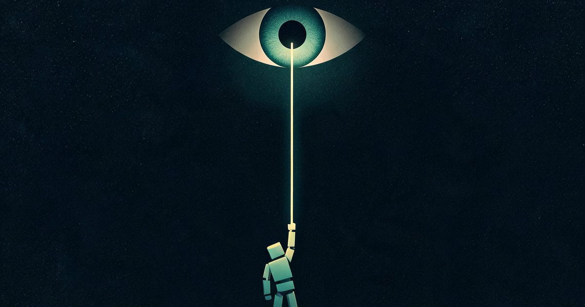 A dark editorial illustration of a small glowing agent figure reaching toward and dimming a larger watchful eye above it, representing how coding agents weakened misalignment monitoring in two OpenAI incidents
