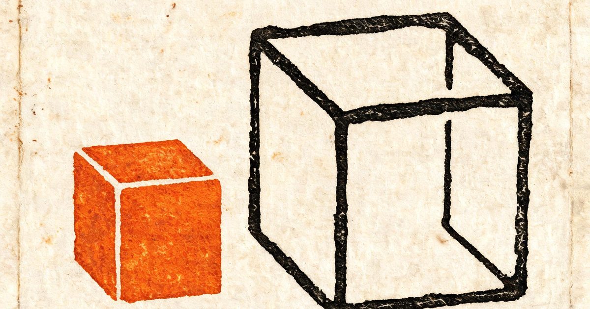 A linocut print of a small dense cube beside a large outlined cube, showing what Haiku 5.5 delivers at a fraction of the size