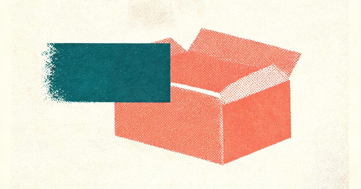 A two colour screen print of a small teal rectangle being passed into a large coral box, representing the repository delivery that the Content Offer Pilot pays for