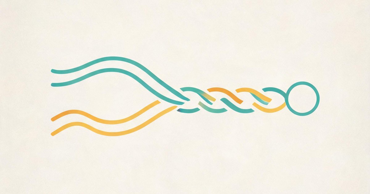 A flat vector illustration of two parallel winding paths, one teal and one amber, converging into a single braided line ending in a small rounded badge, representing CopilotKit CLiF combining agent traces with user actions