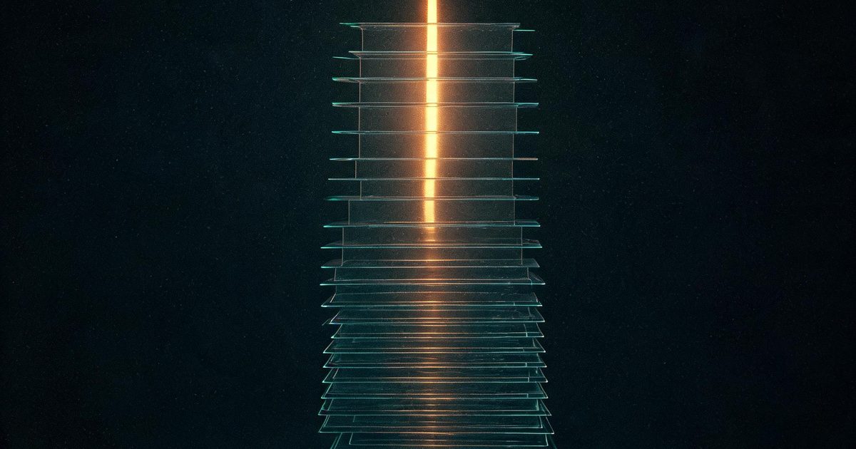 An abstract dark editorial illustration of stacked translucent layers with a single bright vertical light, representing the compressed checkpoint and benchmark gains in DeepSeek V4.1 Flash 1017