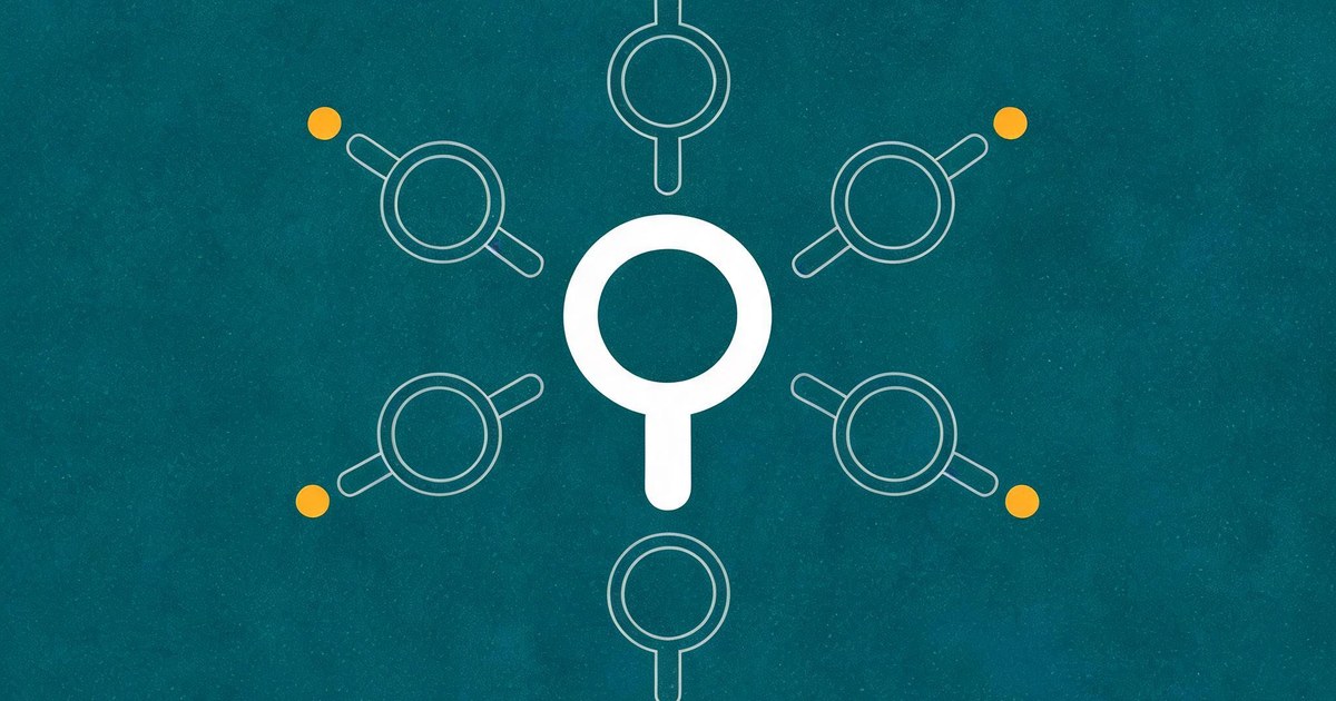 A flat vector illustration of one large white magnifying glass with six small thin-line magnifying glasses fanning outward and small amber dots scattered where they point, representing Exa Agent Ultra, the subagent swarm for deep research and entity enrichment
