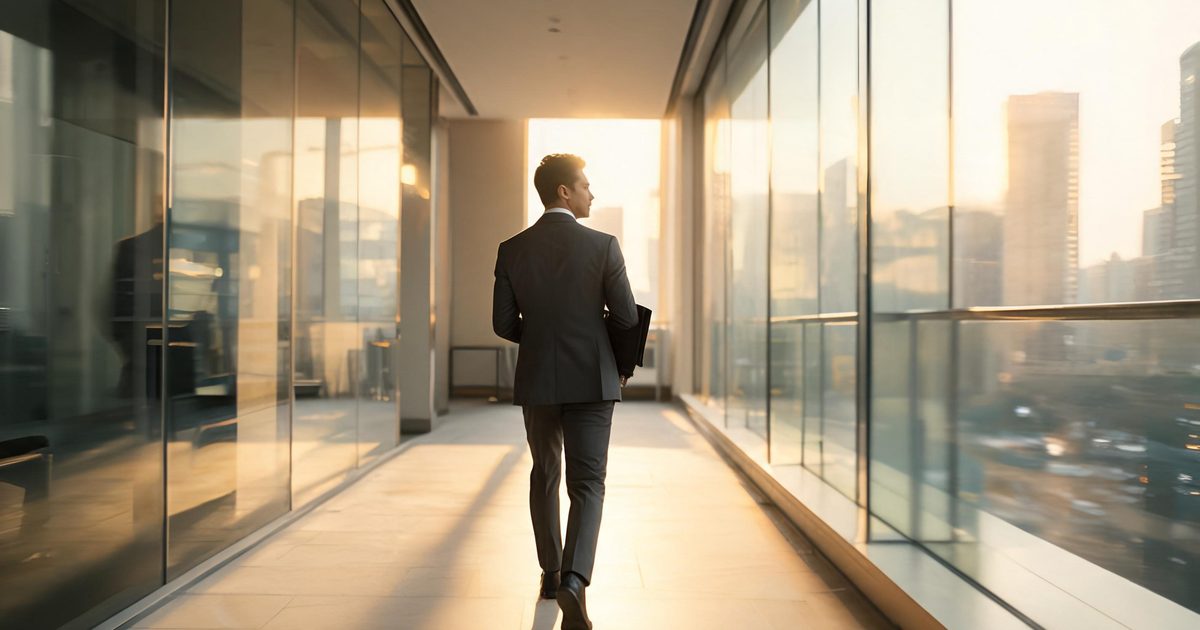 An executive walks a sunlit corridor toward a first CEO role, the story an executive resume must tell