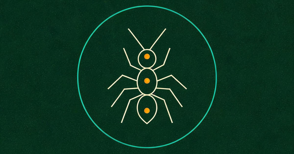 A flat vector illustration of a simplified insect-like geometric figure made of thin pale lines with three small amber dots along its body and a thin teal circle enclosing it like a sandbox boundary, representing the Google Mantis security review toolkit for coding agents