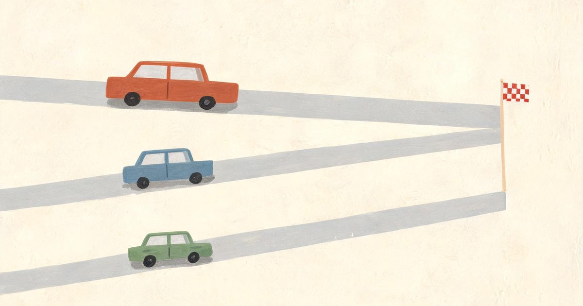 A flat gouache illustration of three cars of different sizes driving side by side on parallel roads, arriving at the same finish flag, representing coding agent harnesses costing different amounts for the same result