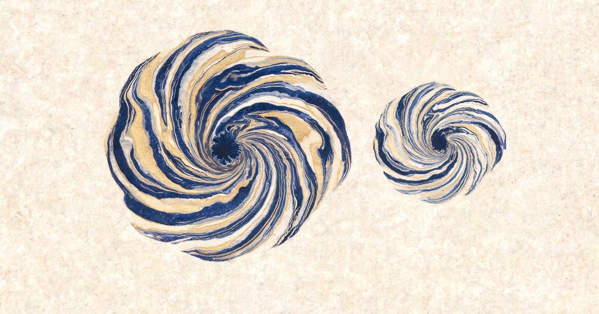 A suminagashi ink marbling photograph with concentric indigo and gold rings echoing a smaller version of the same pattern, representing the two levels of recursion in Harness2