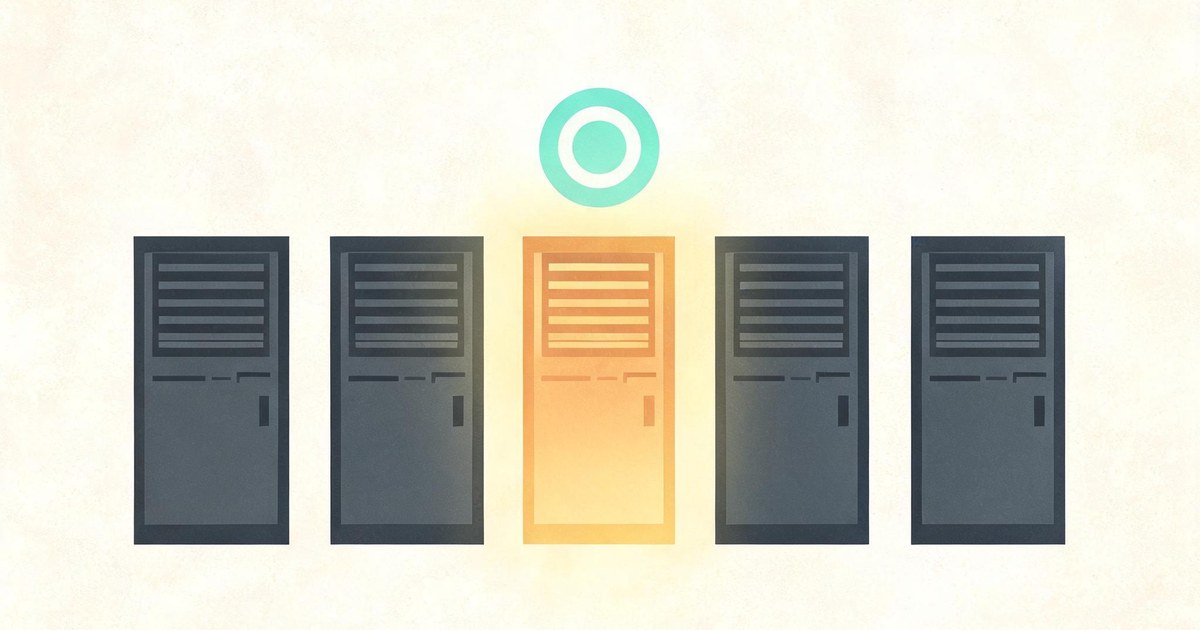 A flat vector illustration of five identical grey server towers with one glowing warm amber and the others dark, and a small teal coin floating above the glowing one, representing idle GPU capacity and GPU utilization