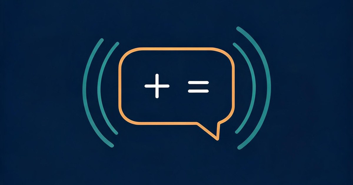 A flat vector illustration of a simple amber speech bubble containing a white plus and equals sign made of thin bars, with soft teal sound waves radiating outward, representing Kyutai Voice of Reason solving spoken math with speech and reinforcement learning