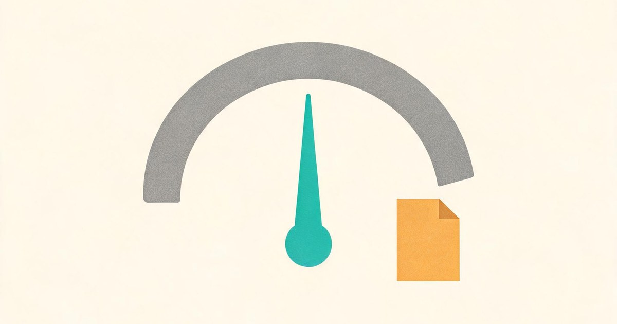 A flat vector illustration of a large grey speedometer gauge with a thin teal needle near the top and a small amber draft page shape beside it, representing Liquid AI LFM2.5-DSpark speculative decoding draft models for faster decoding