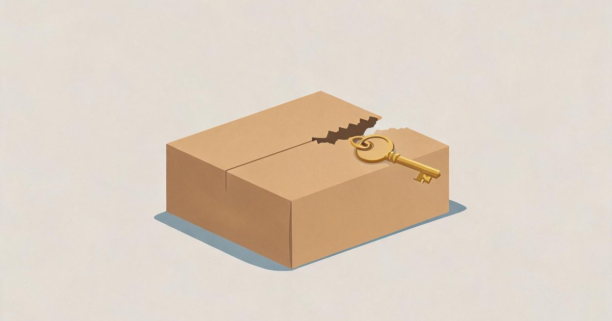 A flat vector illustration of a sealed cardboard package with a small tear in one corner and a key slipping out of it, representing the LiteLLM release that shipped malicious code through a trusted update channel