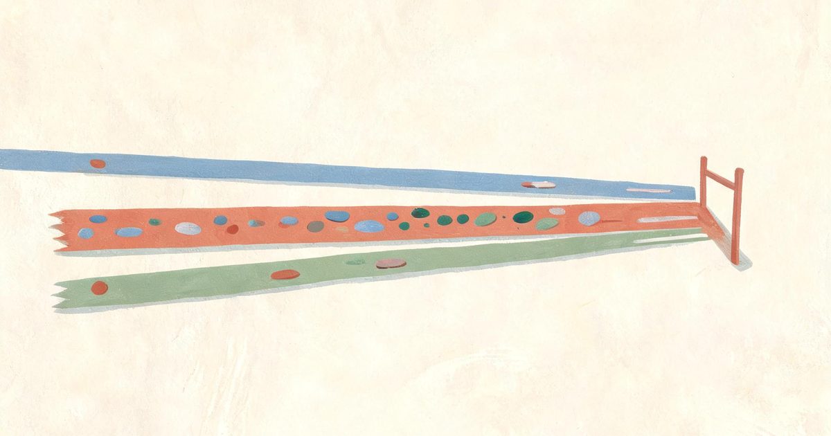A flat gouache illustration of three roads of different widths splitting from one point and reconverging at a gate, representing model routing sending each request down a differently priced path