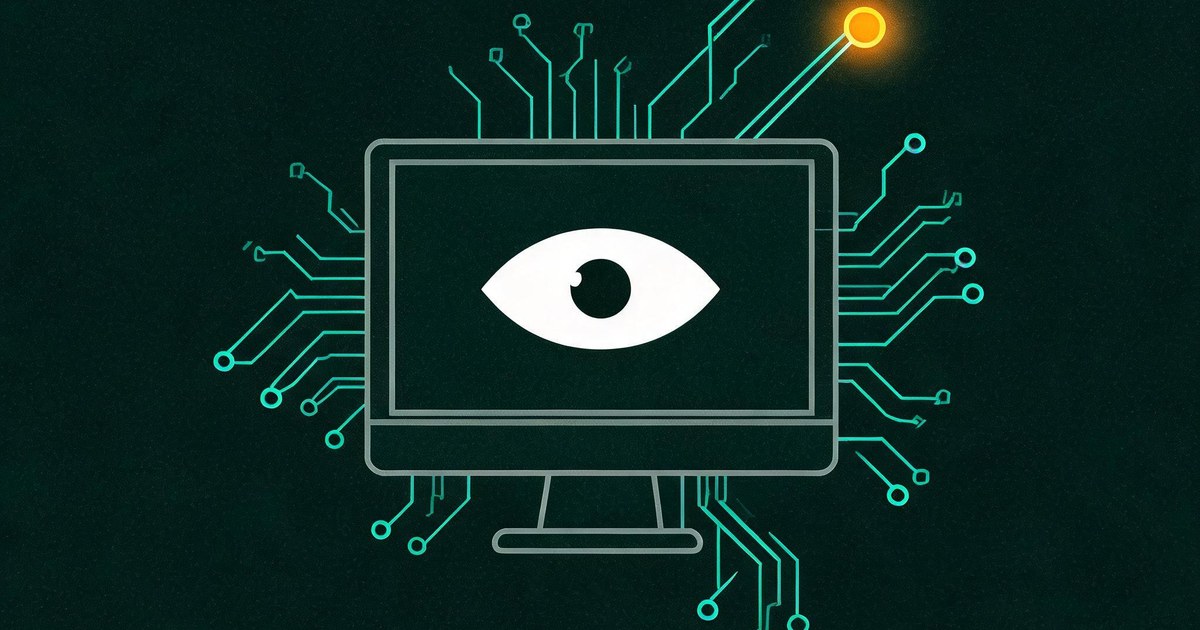 A flat vector illustration of a stylized computer monitor showing a simple white eye shape with thin teal circuit traces radiating outward and one warm amber node glowing on the longest trace, representing the NVIDIA Nemotron 3.5 Super VL vision-language MoE model