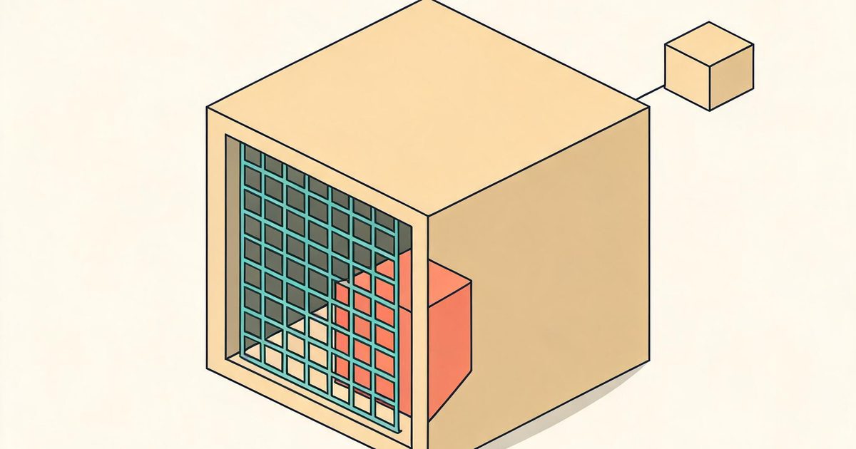 An isometric cutaway illustration of a container with a grid fence holding a small shape inside and a separate chip outside it, showing the sandbox and supervision layers that Nvidia OpenShell enforces for AI agents