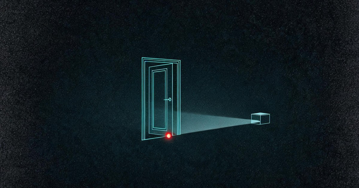 A dark editorial illustration of an open door built from glowing lines with a thin beam reaching toward a small terminal, representing an MCP sign-in flow that ran attacker code