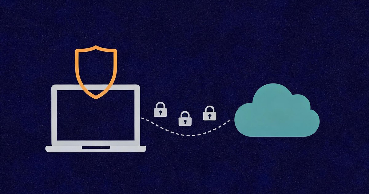 A flat vector illustration of a laptop with a small amber shield above it and a dashed line flowing toward a teal cloud with tiny lock shapes on the line, representing hybrid AI with on-device PII detection as a privacy gate