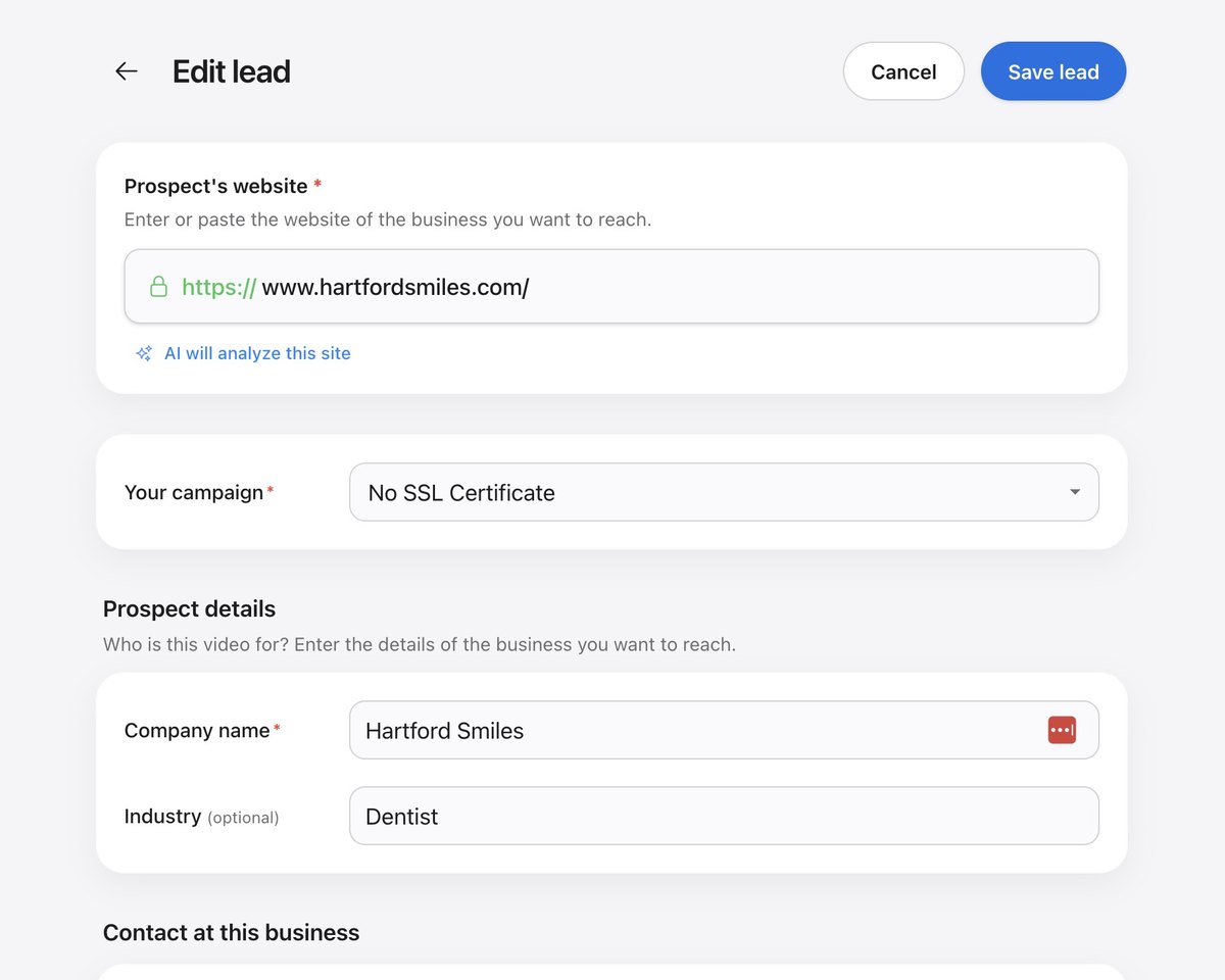 Leading a PersonAIble campaign starts by loading a prospect's site and details