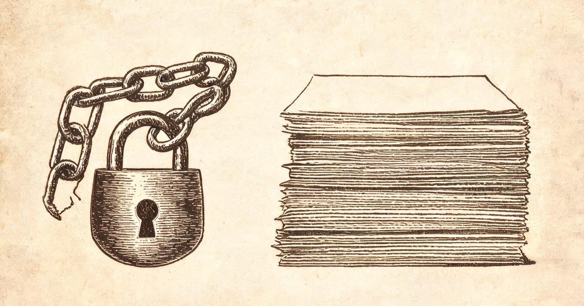 A sepia engraving style illustration of a padlock with one broken chain link beside a stack of documents, representing the compromised update channel that delivered a backdoored Rank Math PRO build