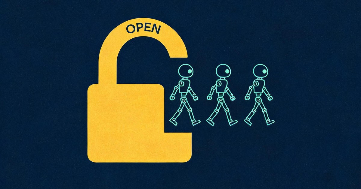 A flat vector illustration of a large open padlock with three small thin-line robot figures walking through the open shackle, representing AI agents abusing trusted application access