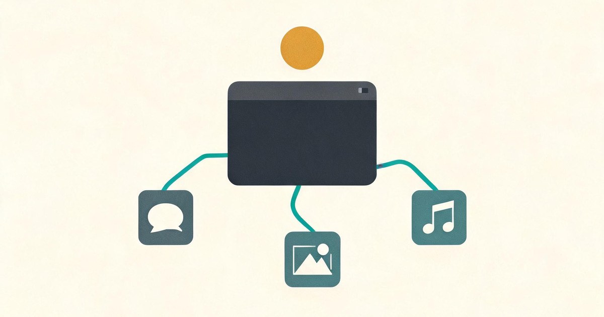 A flat vector illustration of a terminal window in dark charcoal with three thin teal wires flowing out to three small app icons and a small amber coin above the window, representing Together Link connecting your coding agent to open models